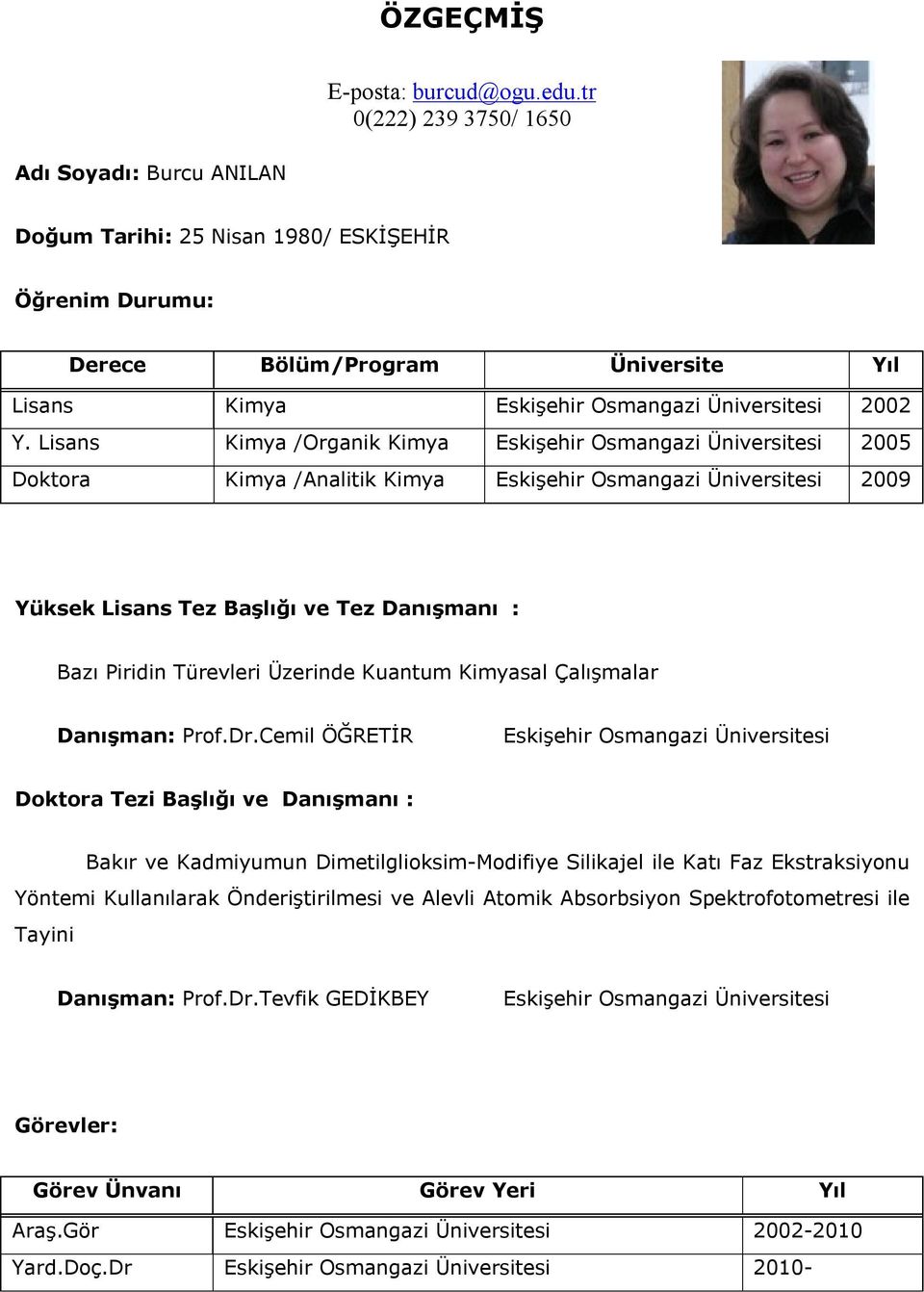 Lisans Kimya /Organik Kimya Eskişehir Osmangazi Üniversitesi 2005 Doktora Kimya /Analitik Kimya Eskişehir Osmangazi Üniversitesi 2009 Yüksek Lisans Tez Başlığı ve Tez Danışmanı : Bazı Piridin