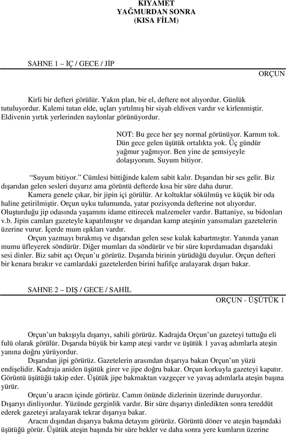 Dün gece gelen üşütük ortalıkta yok. Üç gündür yağmur yağmıyor. Ben yine de şemsiyeyle dolaşıyorum. Suyum bitiyor. Suyum bitiyor. Cümlesi bittiğinde kalem sabit kalır. Dışarıdan bir ses gelir.