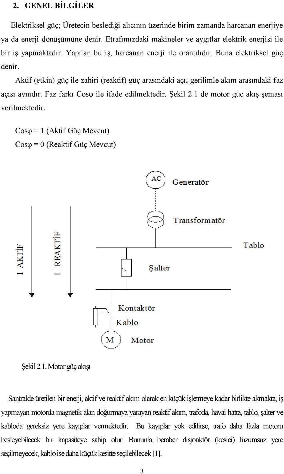 Aktif (etkin) güç ile zahiri (reaktif) güç arasındaki açı; gerilimle akım arasındaki faz açısı aynıdır. Faz farkı Cosφ ile ifade edilmektedir. ġekil 2.1 de motor güç akıģ Ģeması verilmektedir.