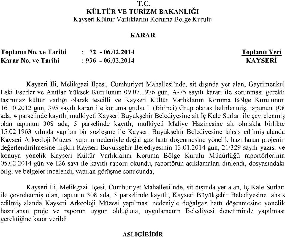 (Birinci) Grup olarak belirlenmiş, tapunun 308 ada, 4 parselinde kayıtlı, mülkiyeti Kayseri Büyükşehir Belediyesine ait İç Kale Surları ile çevrelenmiş olan tapunun 308 ada, 5 parselinde kayıtlı,