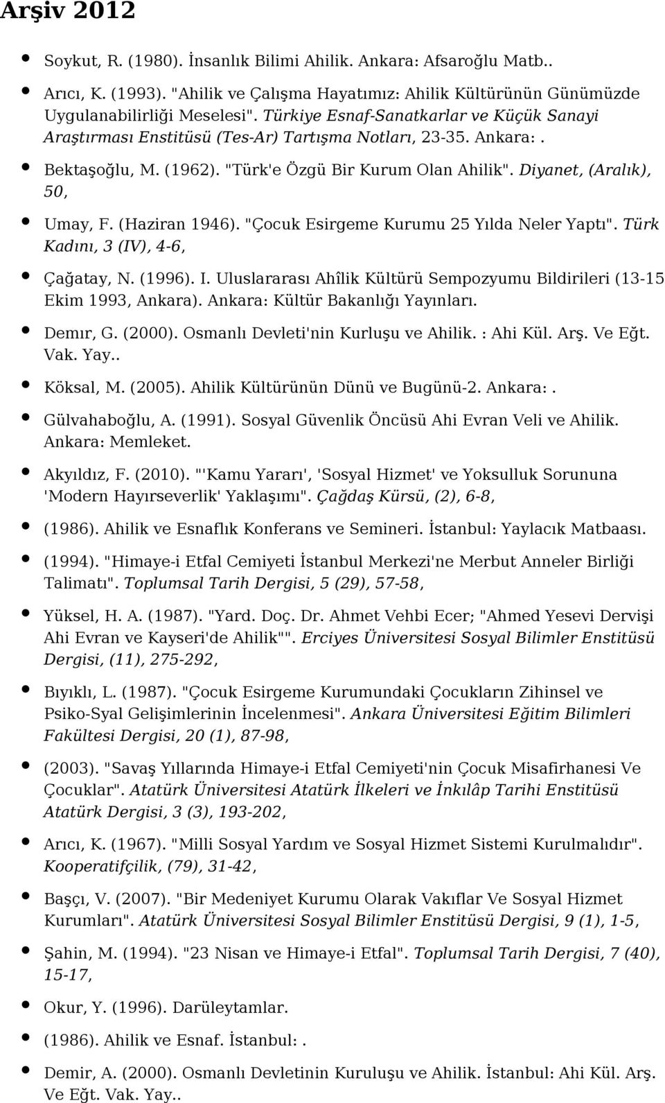 (Haziran 1946). "Çocuk Esirgeme Kurumu 25 Yılda Neler Yaptı". Türk Kadını, 3 (IV), 4-6, Çağatay, N. (1996). I. Uluslararası Ahîlik Kültürü Sempozyumu Bildirileri (13-15 Ekim 1993, Ankara).