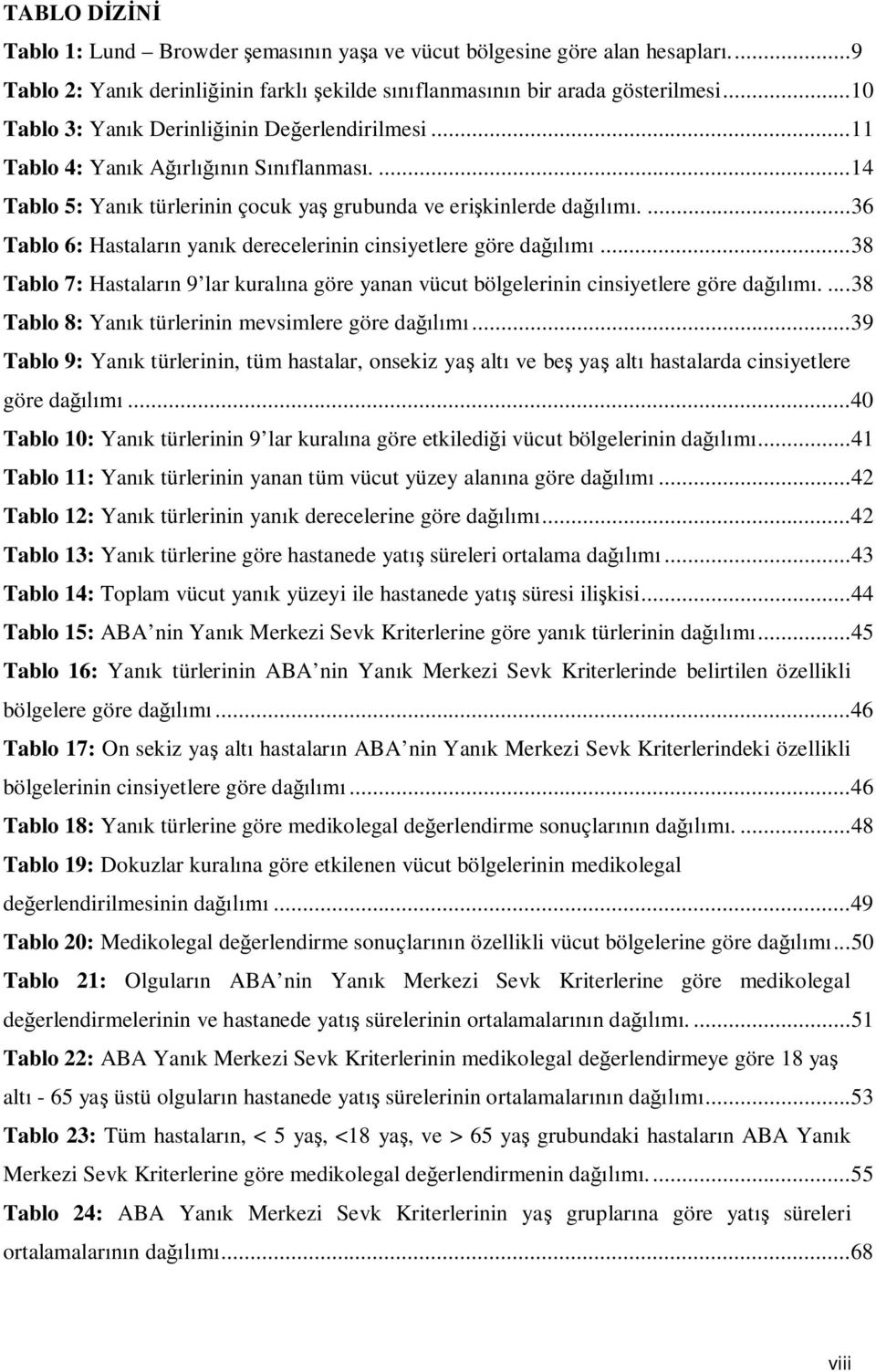 ... 36 Tablo 6: Hastaların yanık derecelerinin cinsiyetlere göre dağılımı... 38 Tablo 7: Hastaların 9 lar kuralına göre yanan vücut bölgelerinin cinsiyetlere göre dağılımı.