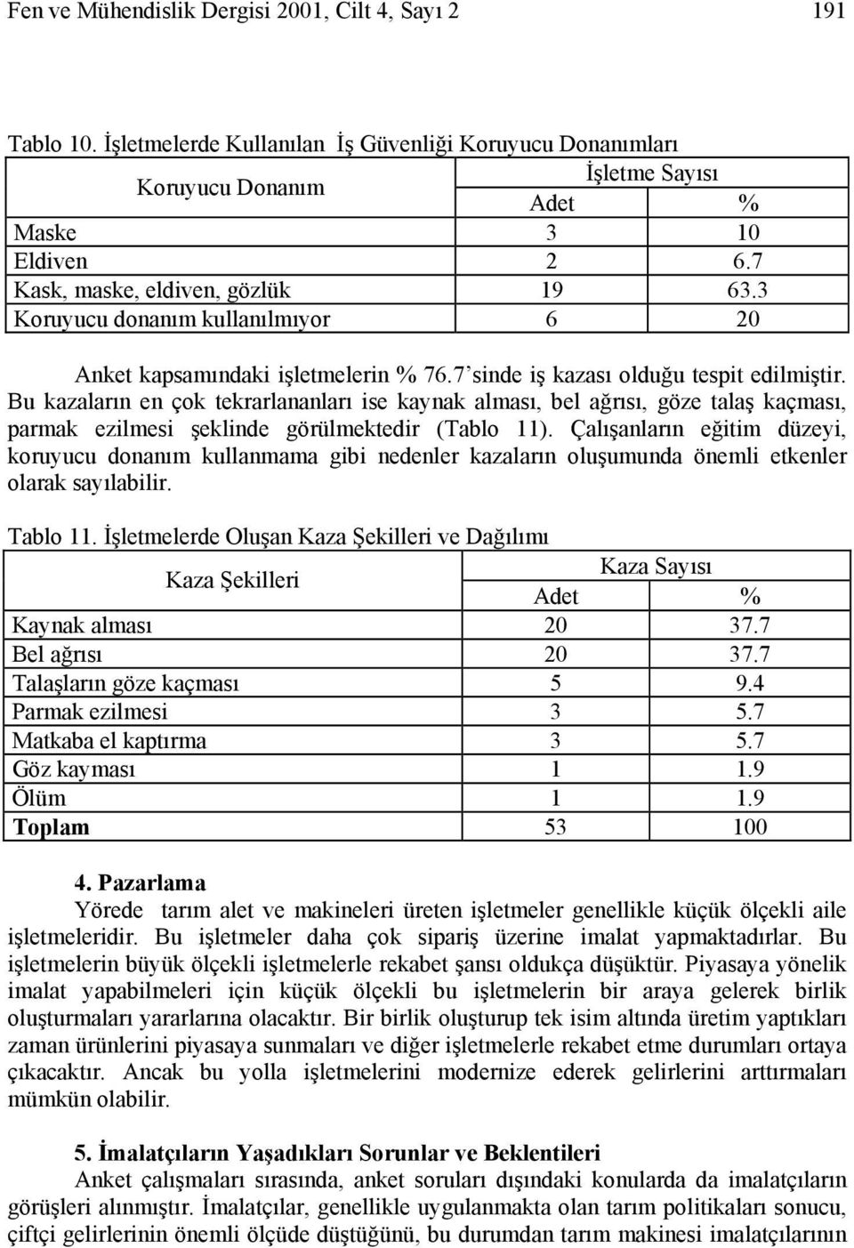 Bu kazaların en çok tekrarlananları ise kaynak alması, bel ağrısı, göze talaş kaçması, parmak ezilmesi şeklinde görülmektedir (Tablo 11).