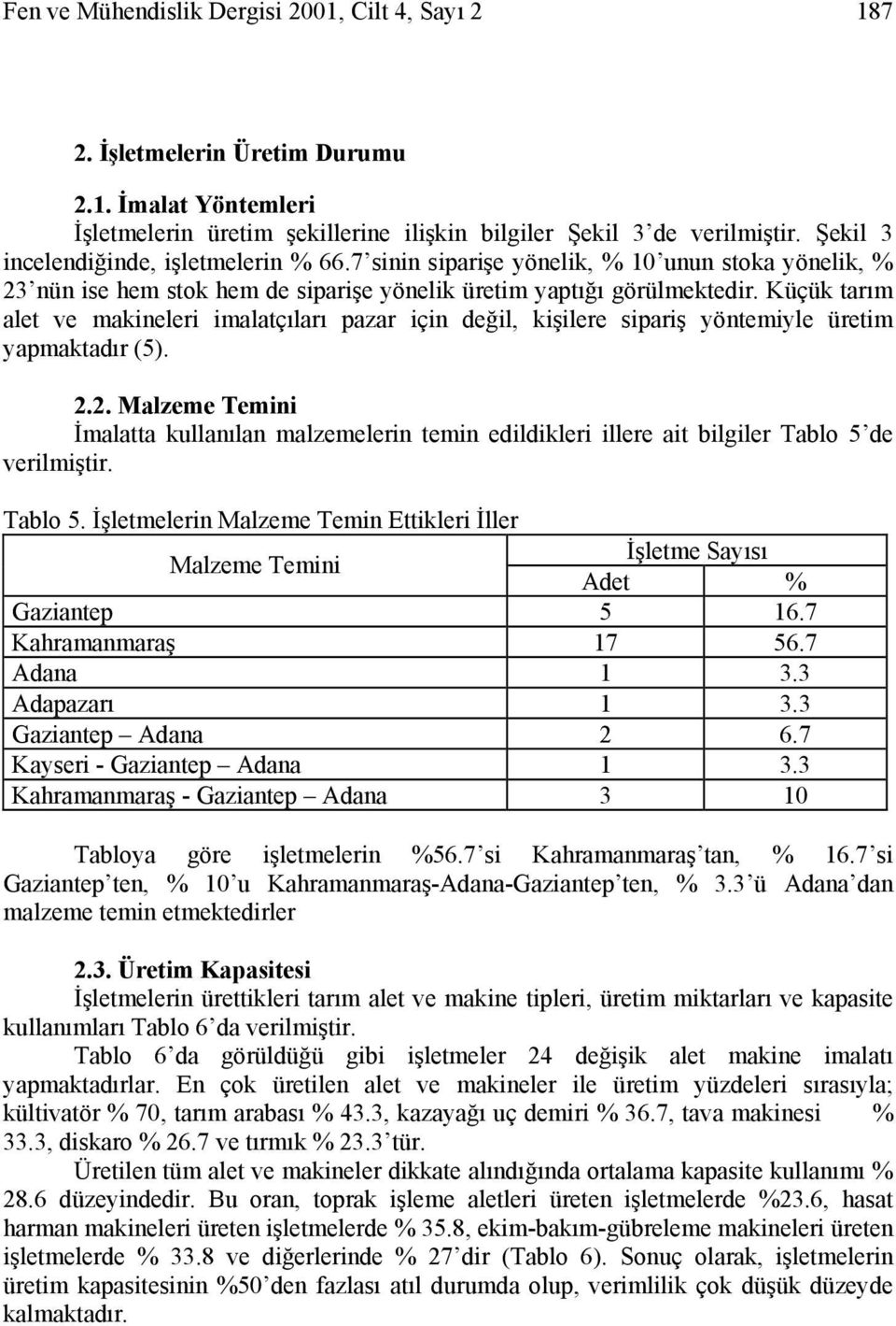 Küçük tarım alet ve makineleri imalatçıları pazar için değil, kişilere sipariş yöntemiyle üretim yapmaktadır (5). 2.