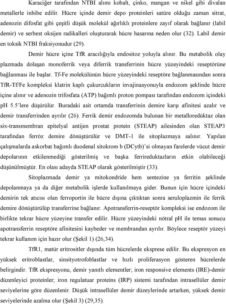 oluşturarak hücre hasarına neden olur (32). Labil demir en toksik NTBI fraksiyonudur (29). Demir hücre içine TfR aracılığıyla endositoz yoluyla alınır.