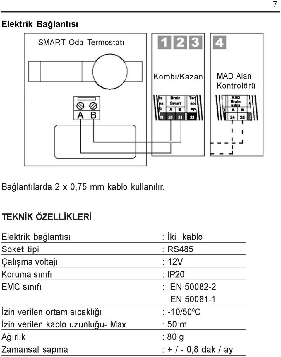 TEKNÝK ÖZELLÝKLERÝ Elektrik baðlantýsý : Ýki kablo Soket tipi : RS485 Çalýþma voltajý : 12V Koruma