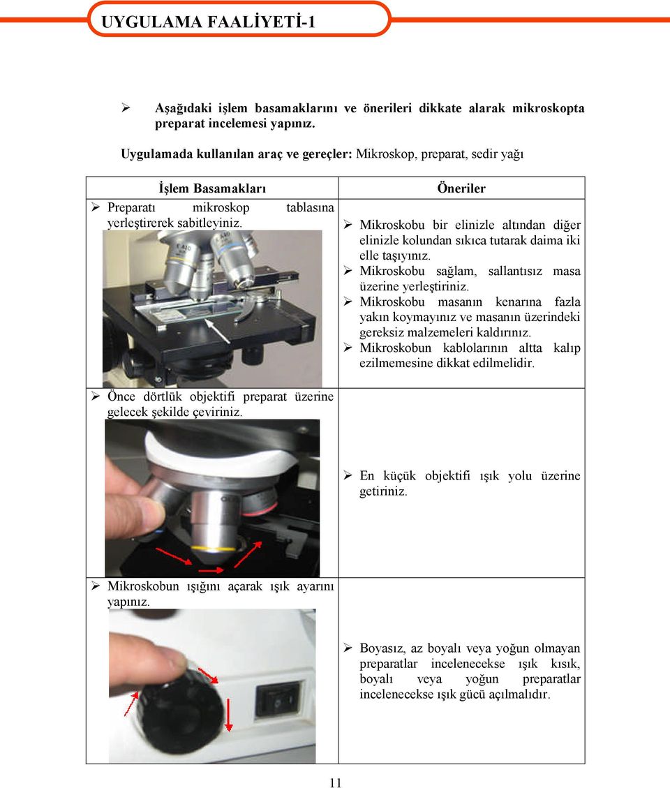 Öneriler Mikroskobu bir elinizle altından diğer elinizle kolundan sıkıca tutarak daima iki elle taşıyınız. Mikroskobu sağlam, sallantısız masa üzerine yerleştiriniz.