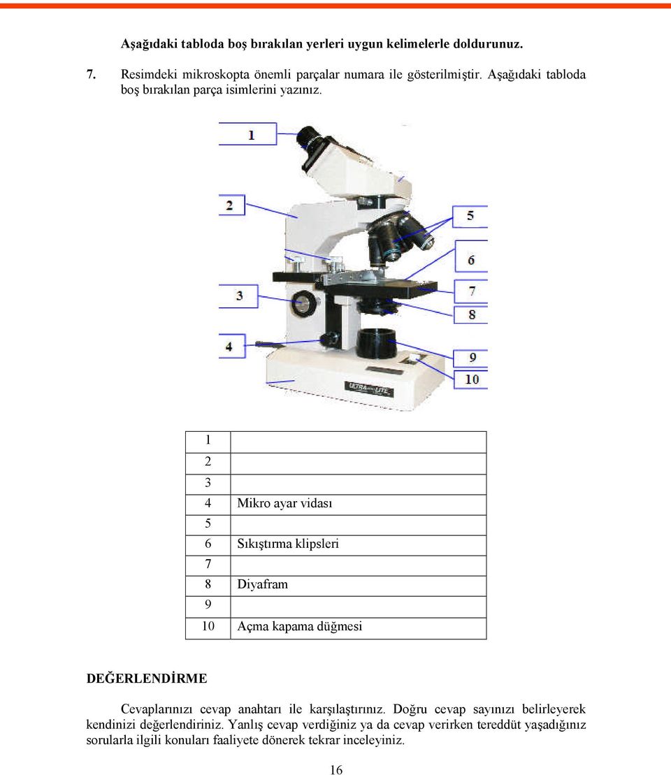 1 2 3 4 Mikro ayar vidası 5 6 Sıkıştırma klipsleri 7 8 Diyafram 9 10 Açma kapama düğmesi DEĞERLENDİRME Cevaplarınızı cevap anahtarı ile