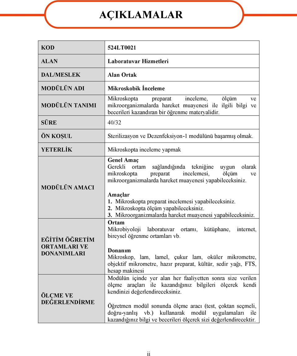 ÖN KOŞUL YETERLİK MODÜLÜN AMACI EĞİTİM ÖĞRETİM ORTAMLARI VE DONANIMLARI ÖLÇME VE DEĞERLENDİRME Sterilizasyon ve Dezenfeksiyon-1 modülünü başarmış olmak.