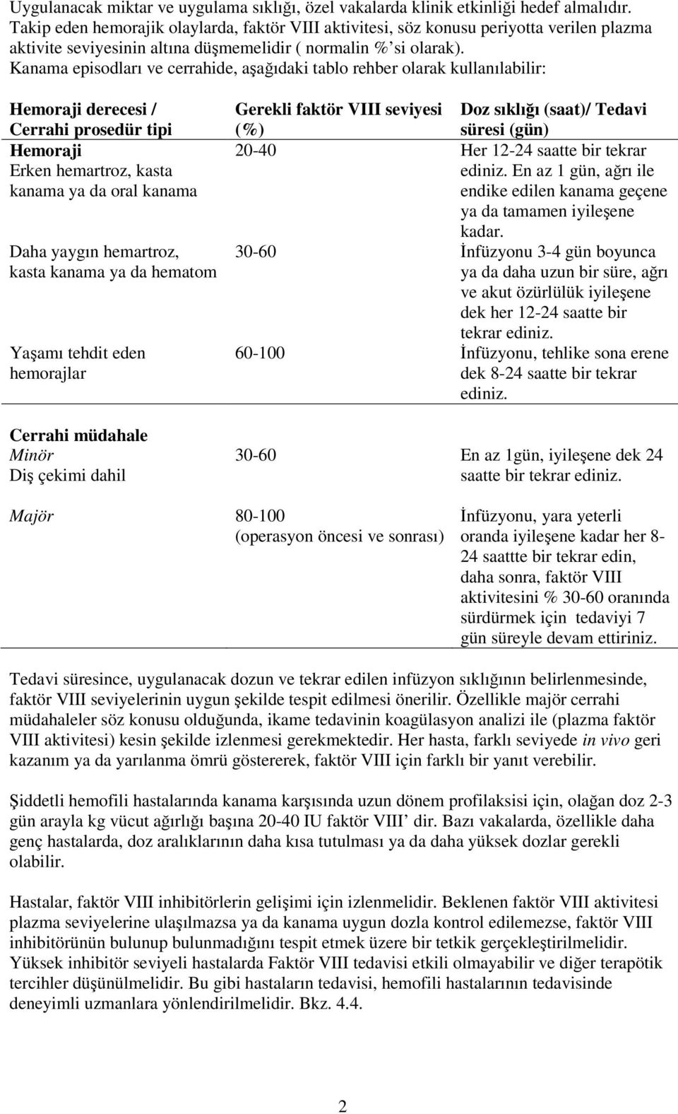 Kanama episodları ve cerrahide, aşağıdaki tablo rehber olarak kullanılabilir: Hemoraji derecesi / Cerrahi prosedür tipi Hemoraji Erken hemartroz, kasta kanama ya da oral kanama Daha yaygın hemartroz,