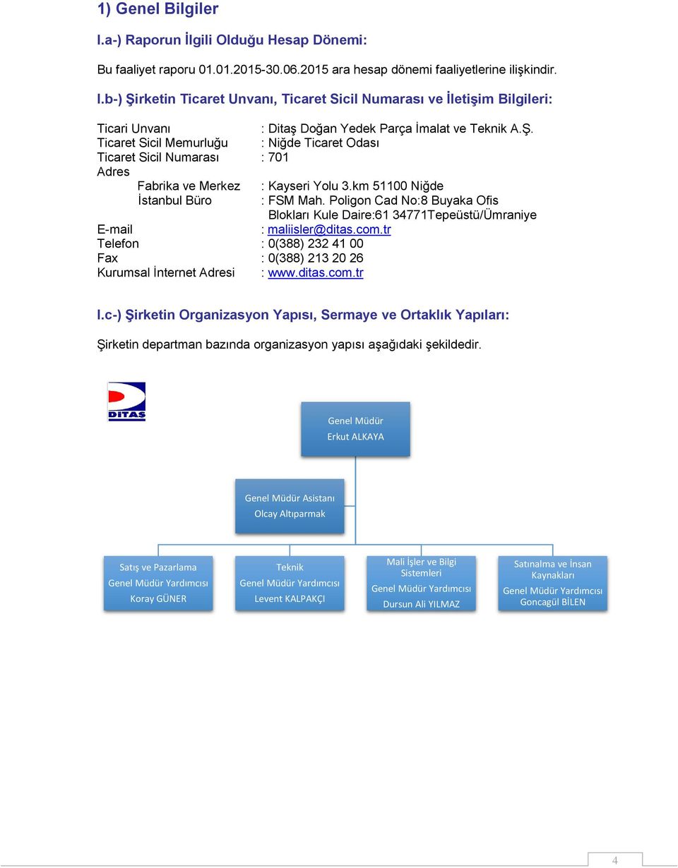 Poligon Cad No:8 Buyaka Ofis Blokları Kule Daire:61 34771Tepeüstü/Ümraniye E-mail : maliisler@ditas.com.tr Telefon : 0(388) 232 41 00 Fax : 0(388) 213 20 26 Kurumsal İnternet Adresi : www.ditas.com.tr I.