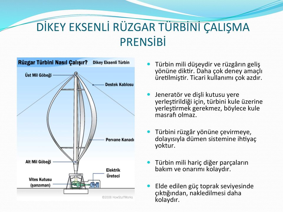 Jeneratör ve dişli kutusu yere yerleş5rildiği için, türbini kule üzerine yerleş5rmek gerekmez, böylece kule masrau olmaz.