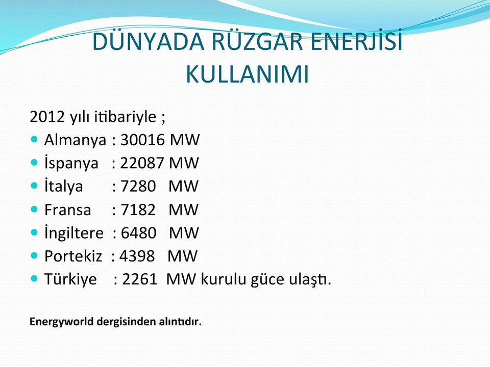 Fransa : 7182 MW İngiltere : 6480 MW Portekiz : 4398 MW