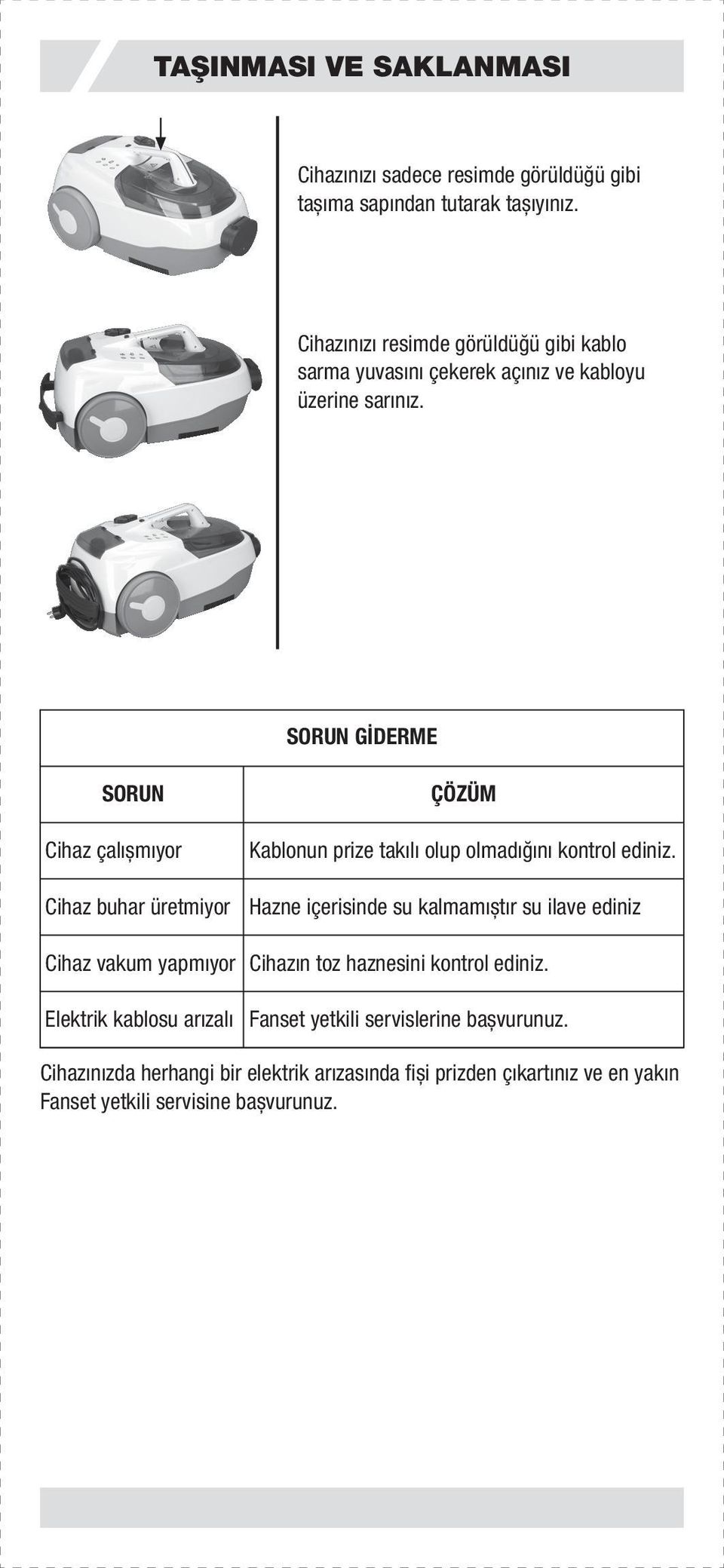 SORUN GİDERME SORUN Cihaz çalıșmıyor Cihaz buhar üretmiyor Cihaz vakum yapmıyor Elektrik kablosu arızalı ÇÖZÜM Kablonun prize takılı olup olmadığını