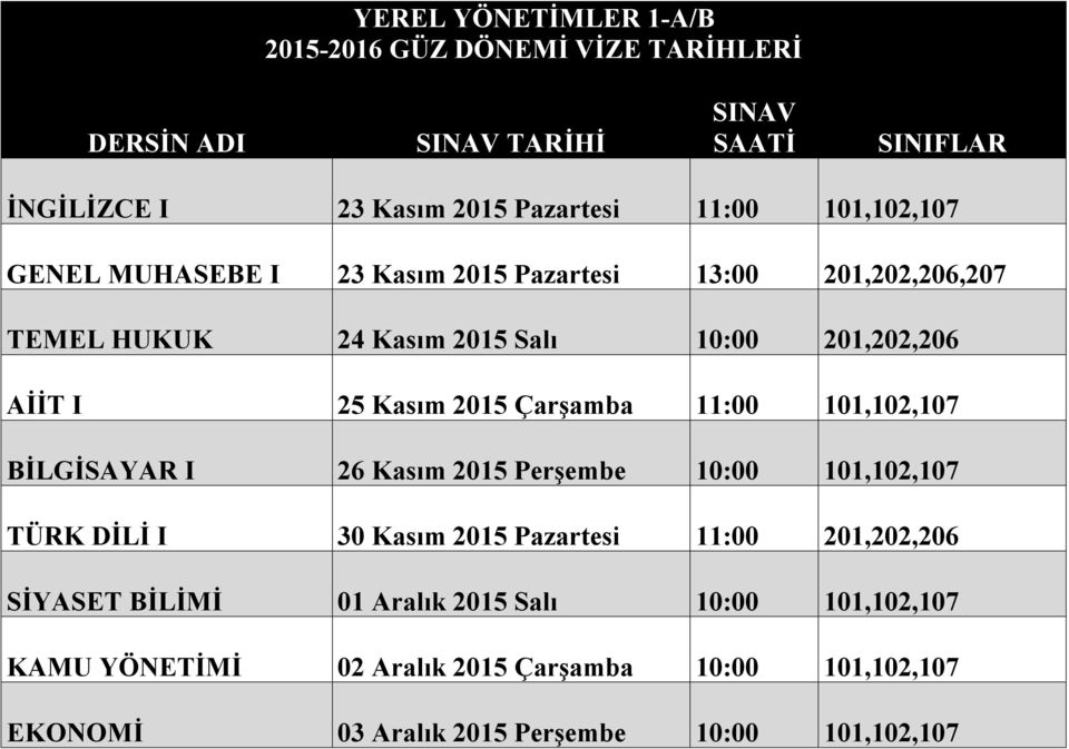 26 Kasım 2015 Perşembe 10:00 101,102,107 TÜRK DİLİ I 30 Kasım 2015 Pazartesi 11:00 201,202,206 SİYASET BİLİMİ 01 Aralık 2015