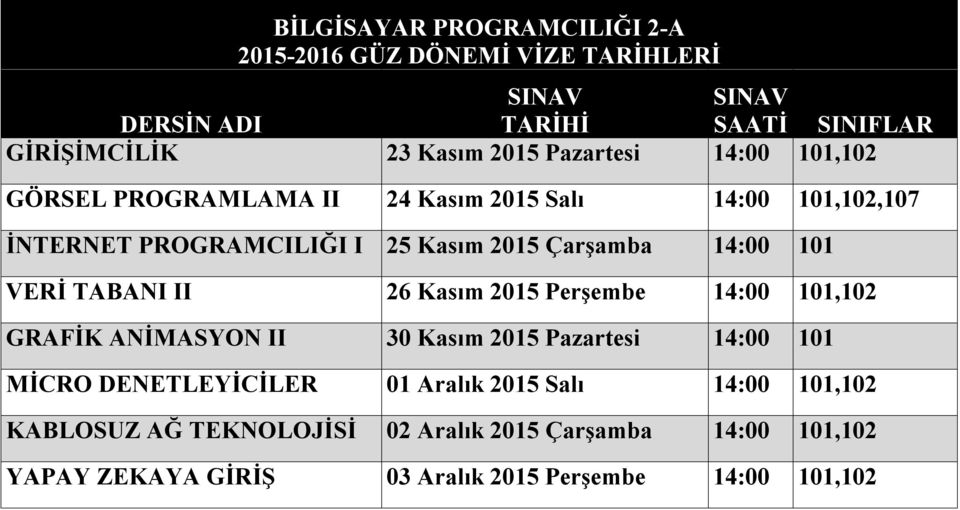 14:00 101,102 GRAFİK ANİMASYON II 30 Kasım 2015 Pazartesi 14:00 101 MİCRO DENETLEYİCİLER 01 Aralık 2015 Salı 14:00