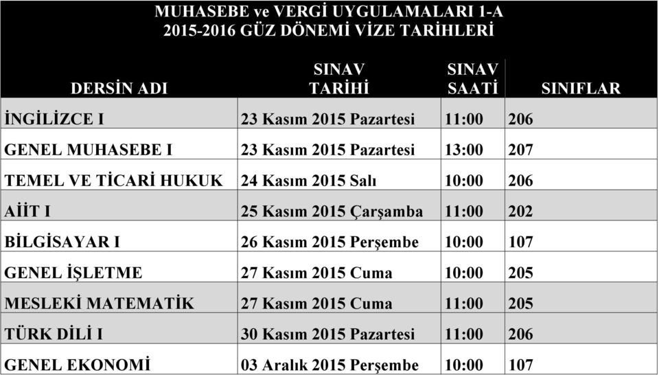 BİLGİSAYAR I 26 Kasım 2015 Perşembe 10:00 107 GENEL İŞLETME 27 Kasım 2015 Cuma 10:00 205 MESLEKİ MATEMATİK 27