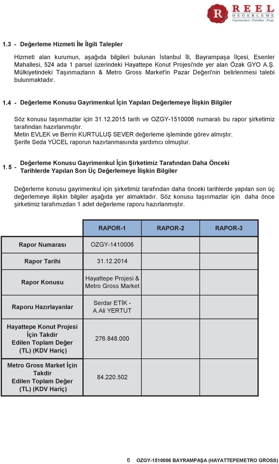 4 - Değerleme Konusu Gayrimenkul İçin Yapılan Değerlemeye İlişkin Bilgiler Söz konusu taşınmazlar için 31.12.2015 tarih ve OZGY-1510006 numaralı bu rapor şirketimiz tarafından hazırlanmıştır.