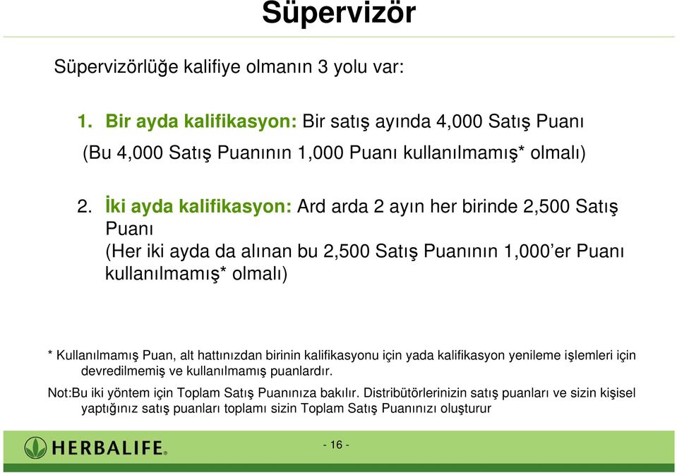 ki ayda kalifikasyon: Ard arda 2 ayın her birinde 2,500 Satı Puanı (Her iki ayda da alınan bu 2,500 Satı Puanının 1,000 er Puanı kullanılmamı * olmalı) *