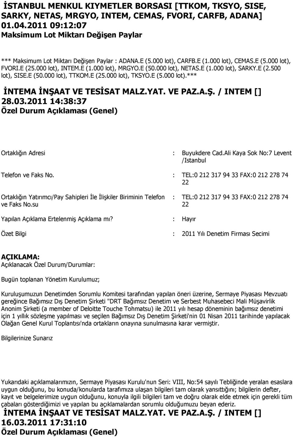 E (50.000 lot), NETAS.E (1.000 lot), SARKY.E (2.500 lot), SISE.E (50.000 lot), TTKOM.E (25.000 lot), TKSYO.E (5.000 lot).*** 28.03.