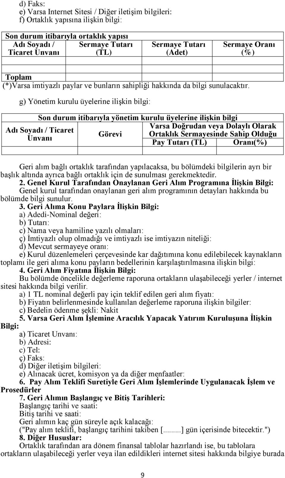 g) Yönetim kurulu üyelerine ilişkin bilgi: Son durum itibarıyla yönetim kurulu üyelerine ilişkin bilgi Varsa Doğrudan veya Dolaylı Olarak Adı Soyadı / Ticaret Unvanı Görevi Ortaklık Sermayesinde