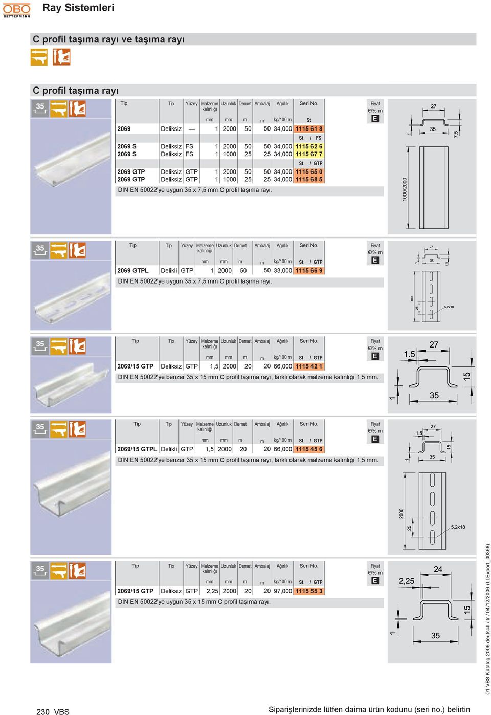 1000 25 25 34,000 1115 68 5 FS TP 462813 69 TPL Delikli TP DIN N 50022'ye uygun 35 x 7,5 C profil taşıa rayı.