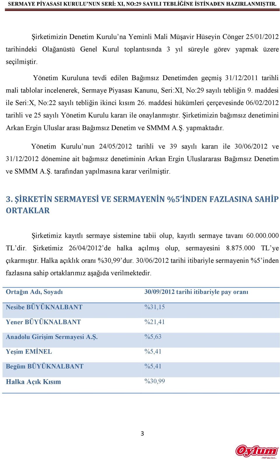 maddesi ile Seri:X, No:22 sayılı tebliğin ikinci kısım 26. maddesi hükümleri çerçevesinde 06/02/2012 tarihli ve 25 sayılı Yönetim Kurulu kararı ile onaylanmıştır.