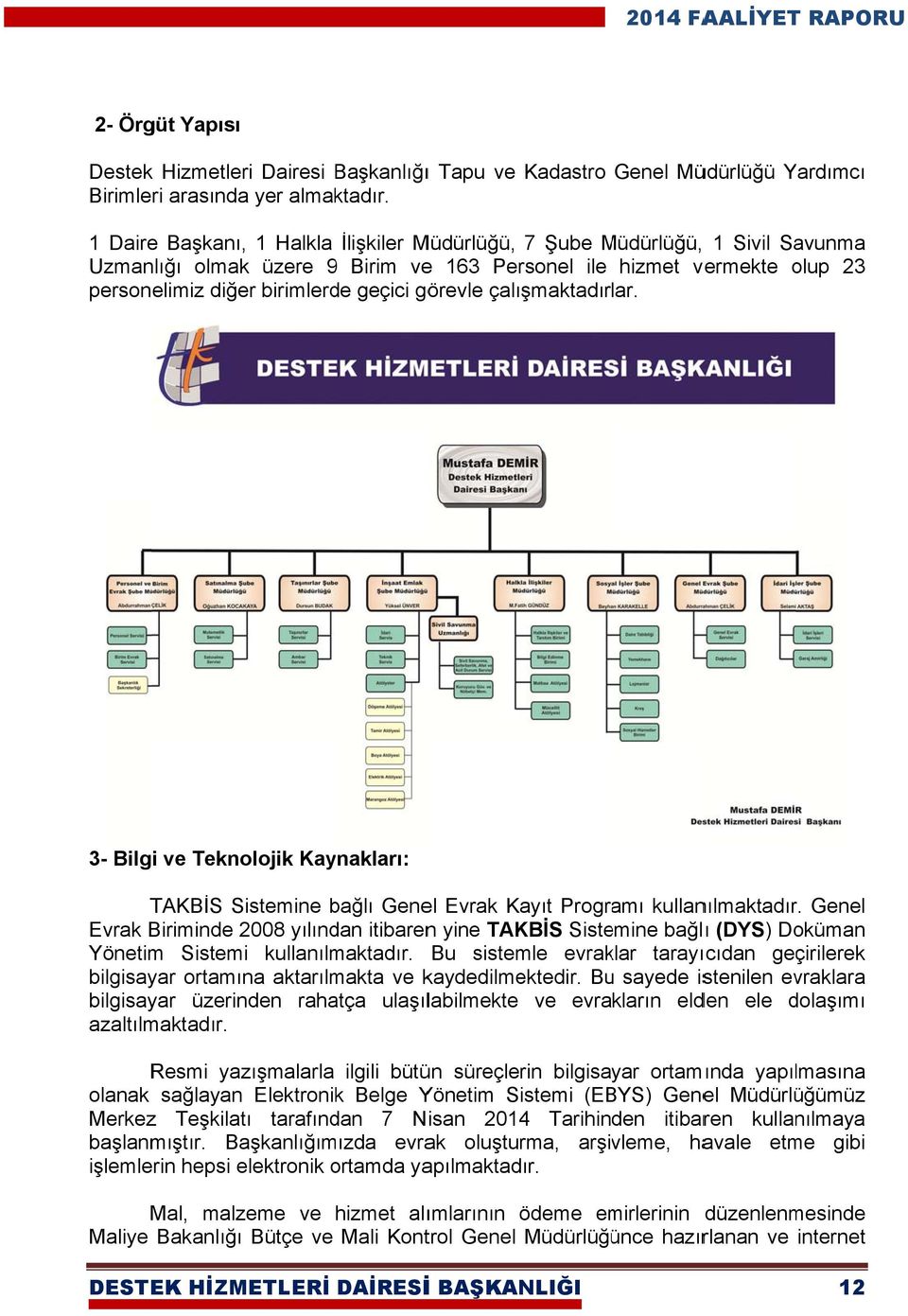 personelimiz diğer birimlerde geçici görevle çalışmaktadırlar. 3- Bilgi ve Teknolojik Kaynakları: TAKBİS Sistemine bağlı Genel Evrak Kayıt Programı kullanılmaktadır.