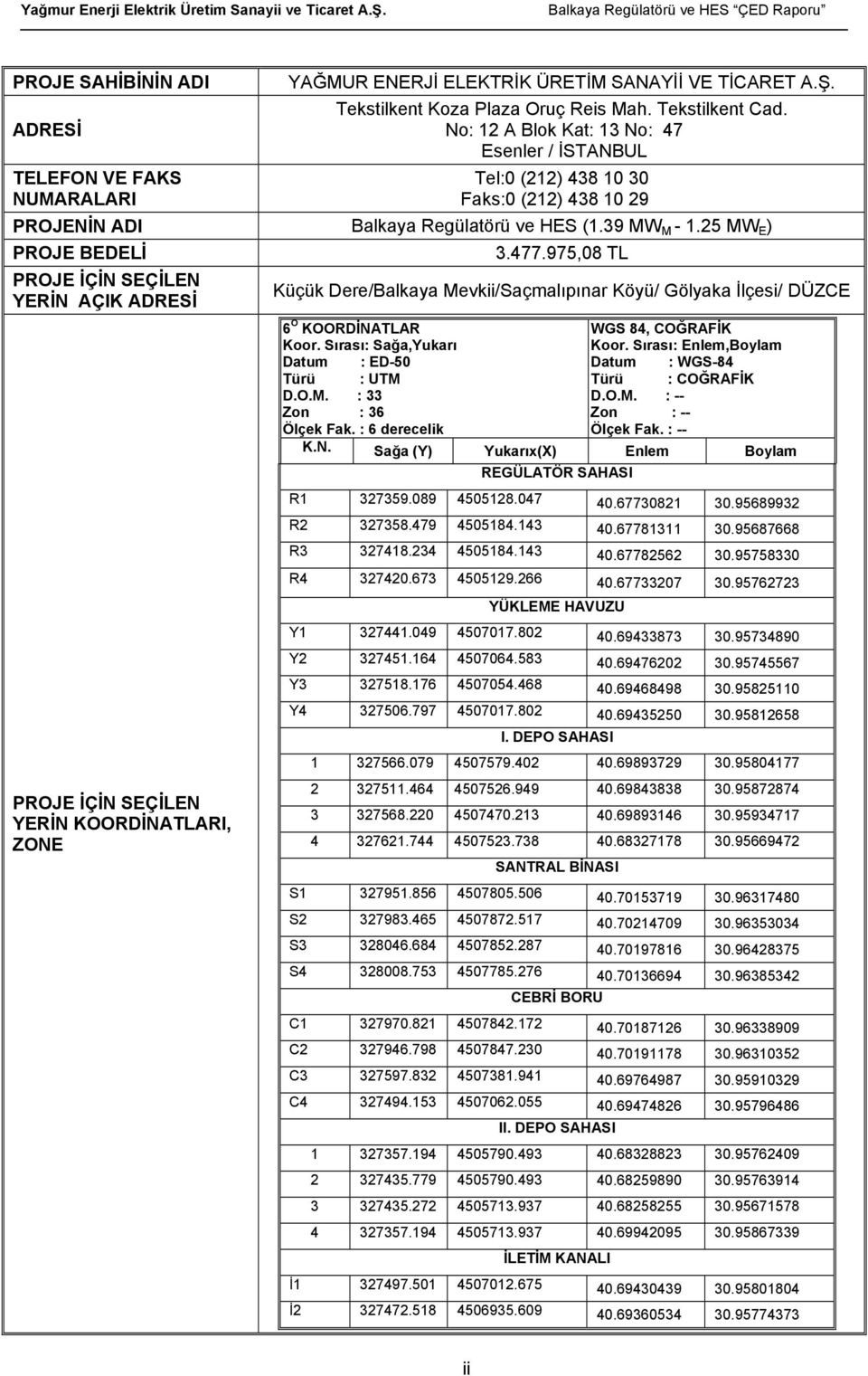 25 MW E ) PROJE BEDELİ PROJE İÇİN SEÇİLEN YERİN AÇIK ADRESİ 3.477.975,08 TL Küçük Dere/Balkaya Mevkii/Saçmalıpınar Köyü/ Gölyaka İlçesi/ DÜZCE 6 O KOORDİNATLAR Koor.