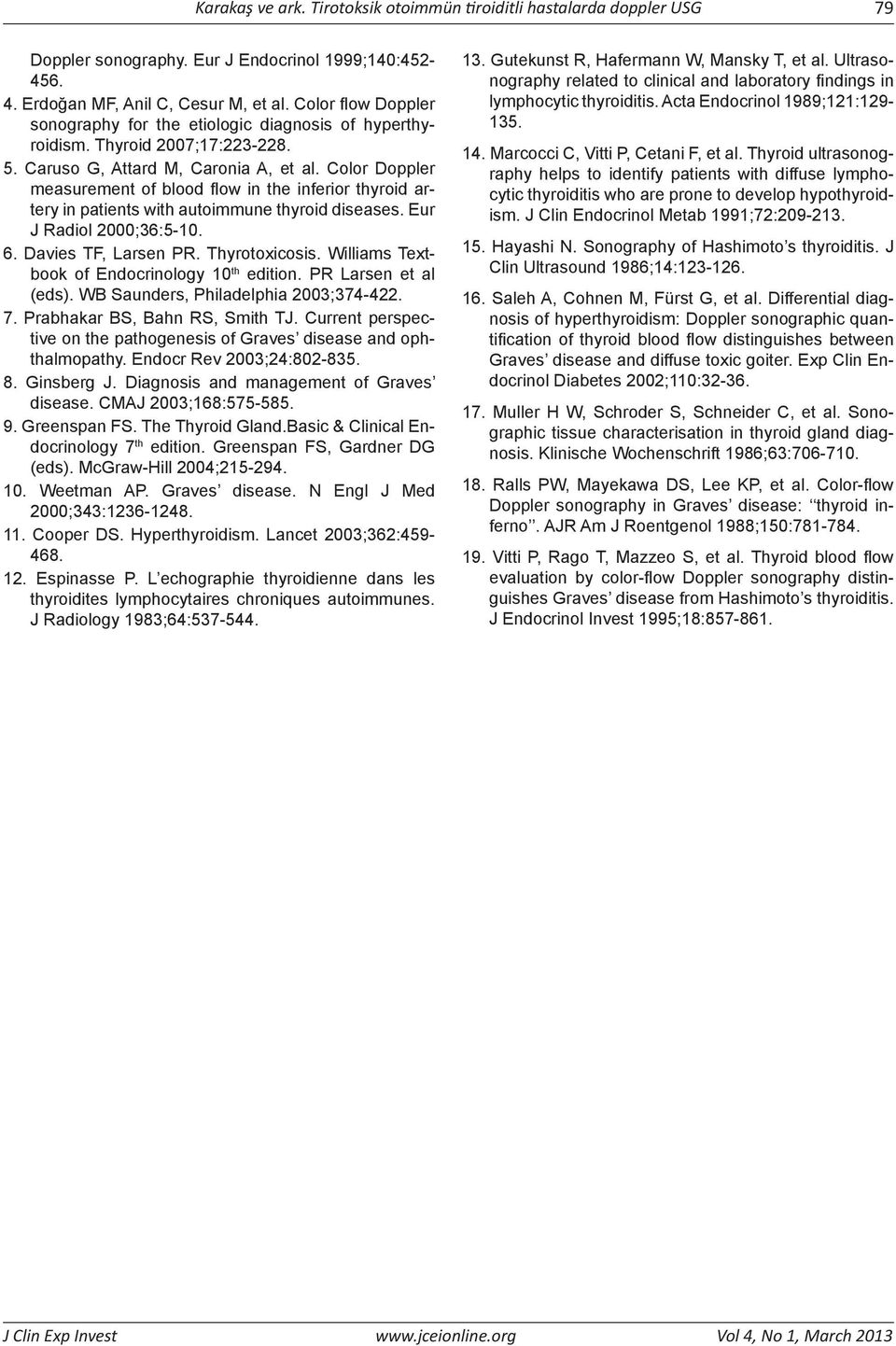 Color Doppler measurement of blood flow in the inferior thyroid artery in patients with autoimmune thyroid diseases. Eur J Radiol 2000;36:5-10. 6. Davies TF, Larsen PR. Thyrotoxicosis.