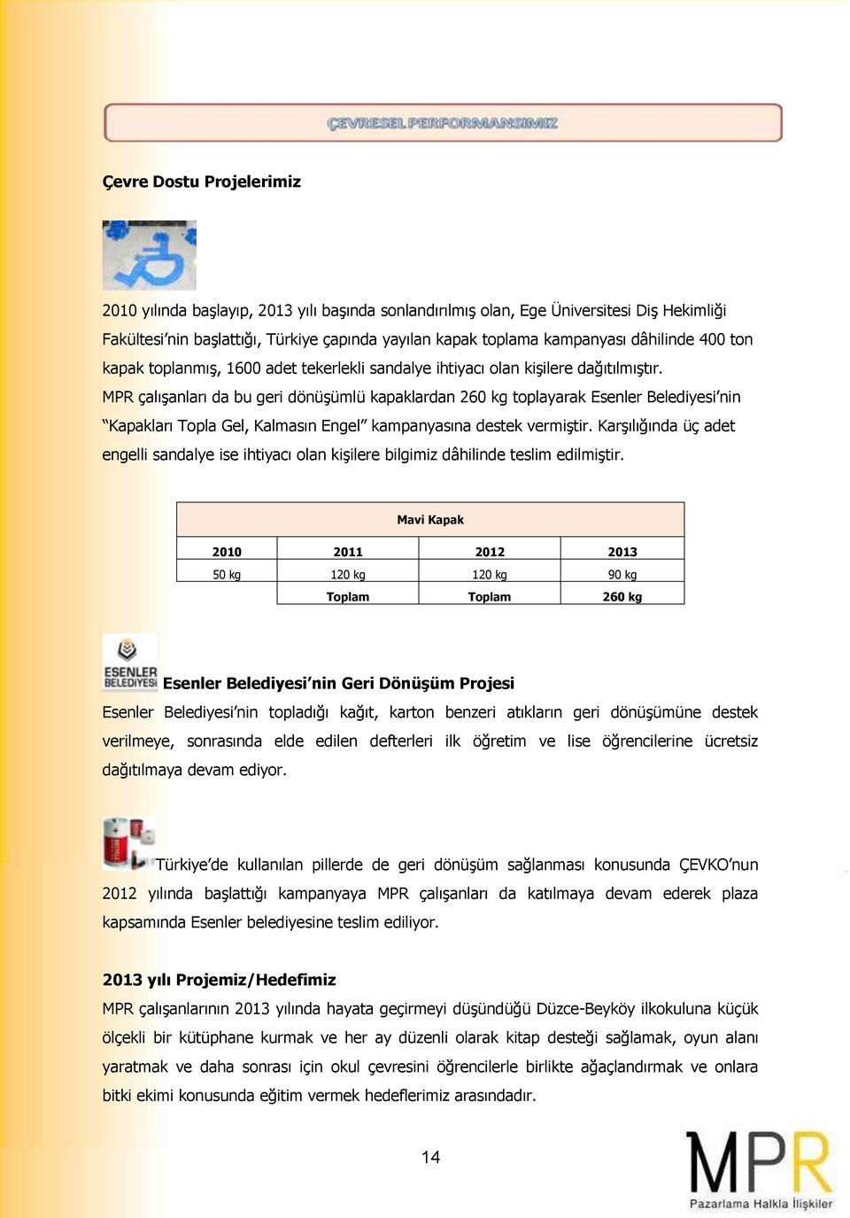 MPR çalışanları da bu geri dönüşümlü kapaklardan 260 kg toplayarak Esenler Belediyesi nin Kapakları Topla Gel, Kalmasın Engel kampanyasına destek vermiştir.