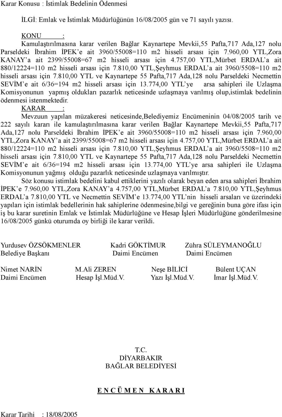 960,00 YTL,Zora KANAY a ait 2399/55008=67 m2 hisseli arsası için 4.757,00 YTL,Mürbet ERDAL a ait 880/12224=110 m2 hisseli arsası için 7.