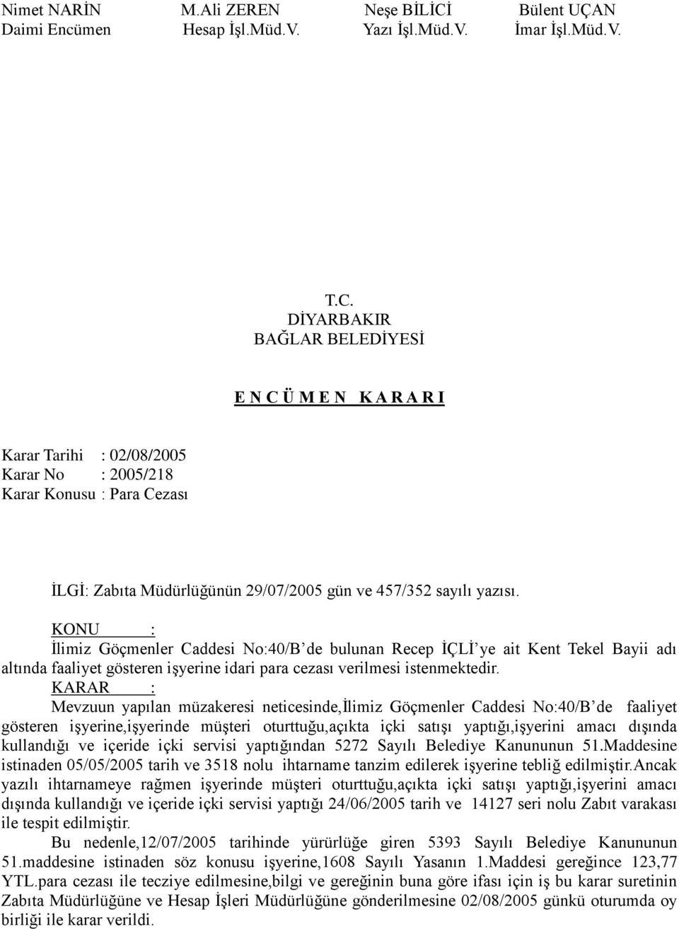 Mevzuun yapılan müzakeresi neticesinde,ilimiz Göçmenler Caddesi No:40/B de faaliyet gösteren işyerine,işyerinde müşteri oturttuğu,açıkta içki satışı yaptığı,işyerini amacı dışında kullandığı ve