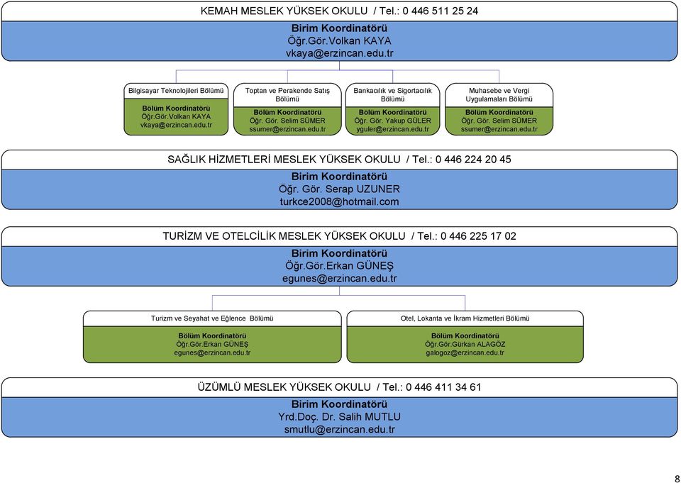 : 0 446 224 20 45 Öğr. Gör. Serap UZUNER turkce2008@hotmail.com TURĠZM VE OTELCĠLĠK MESLEK YÜKSEK OKULU / Tel.: 0 446 225 17 02 Öğr.Gör.Erkan GÜNEġ egunes@erzincan.edu.