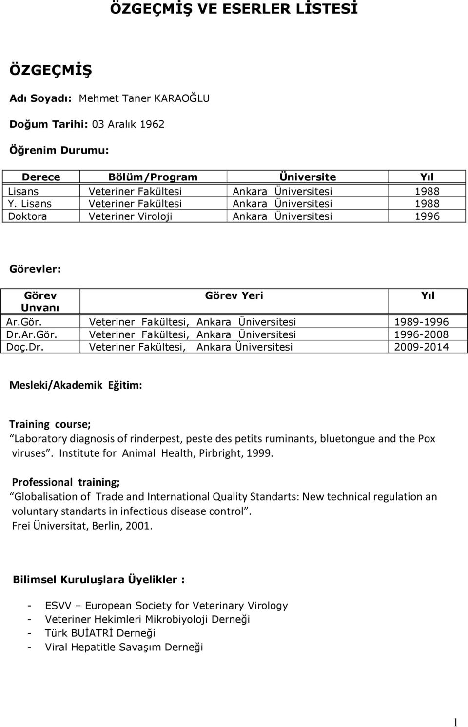 Ar.Gör. Veteriner Fakültesi, Ankara Üniversitesi 1996-2008 Doç.Dr.