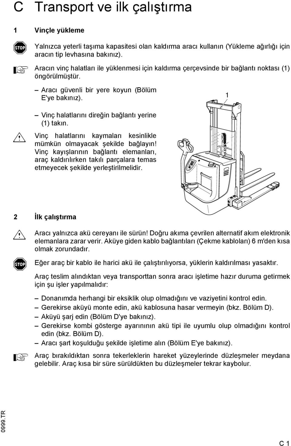 1 m Vinç halatlarını direğin bağlantı yerine (1) takın. Vinç halatlarını kaymaları kesinlikle mümkün olmayacak şekilde bağlayın!