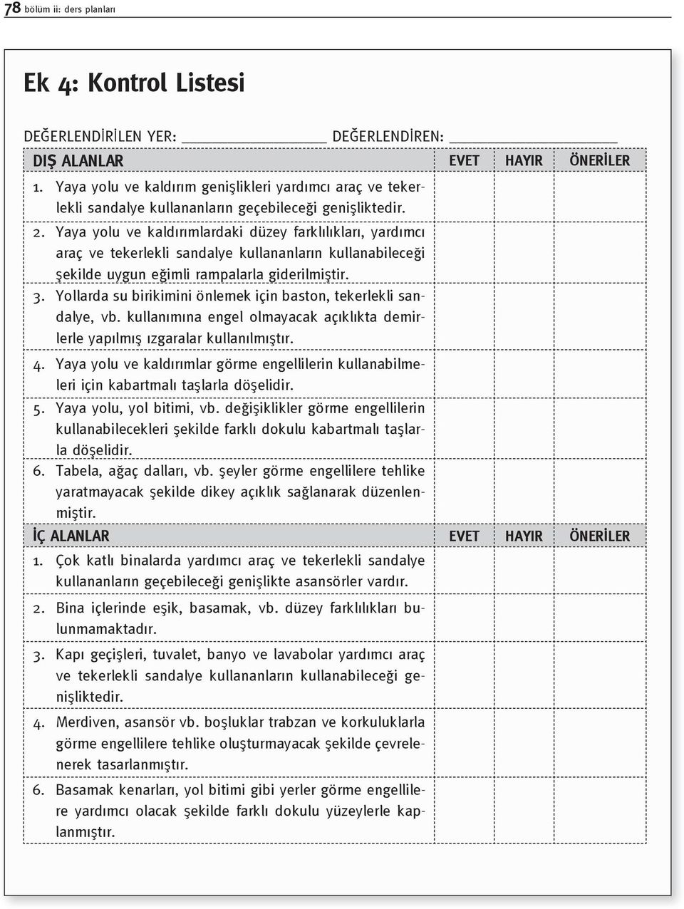 Yaya yolu ve kaldırımlardaki düzey farklılıkları, yardımcı araç ve tekerlekli sandalye kullananların kullanabileceği şekilde uygun eğimli rampalarla giderilmiştir. 3.