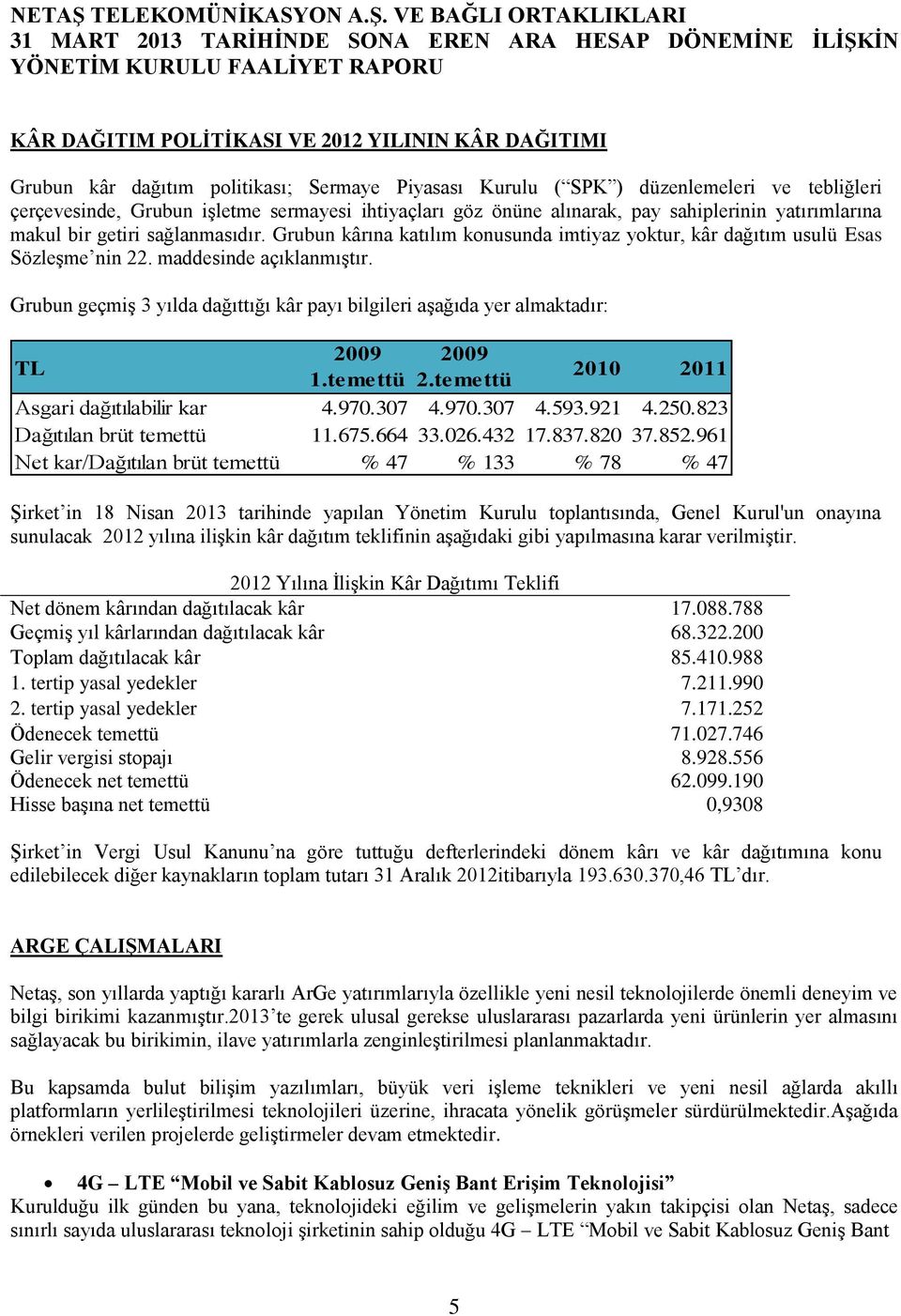 Grubun geçmiş 3 yılda dağıttığı kâr payı bilgileri aşağıda yer almaktadır: 2009 2009 TL 2010 2011 1.temettü 2.temettü Asgari dağıtılabilir kar 4.970.307 4.970.307 4.593.921 4.250.