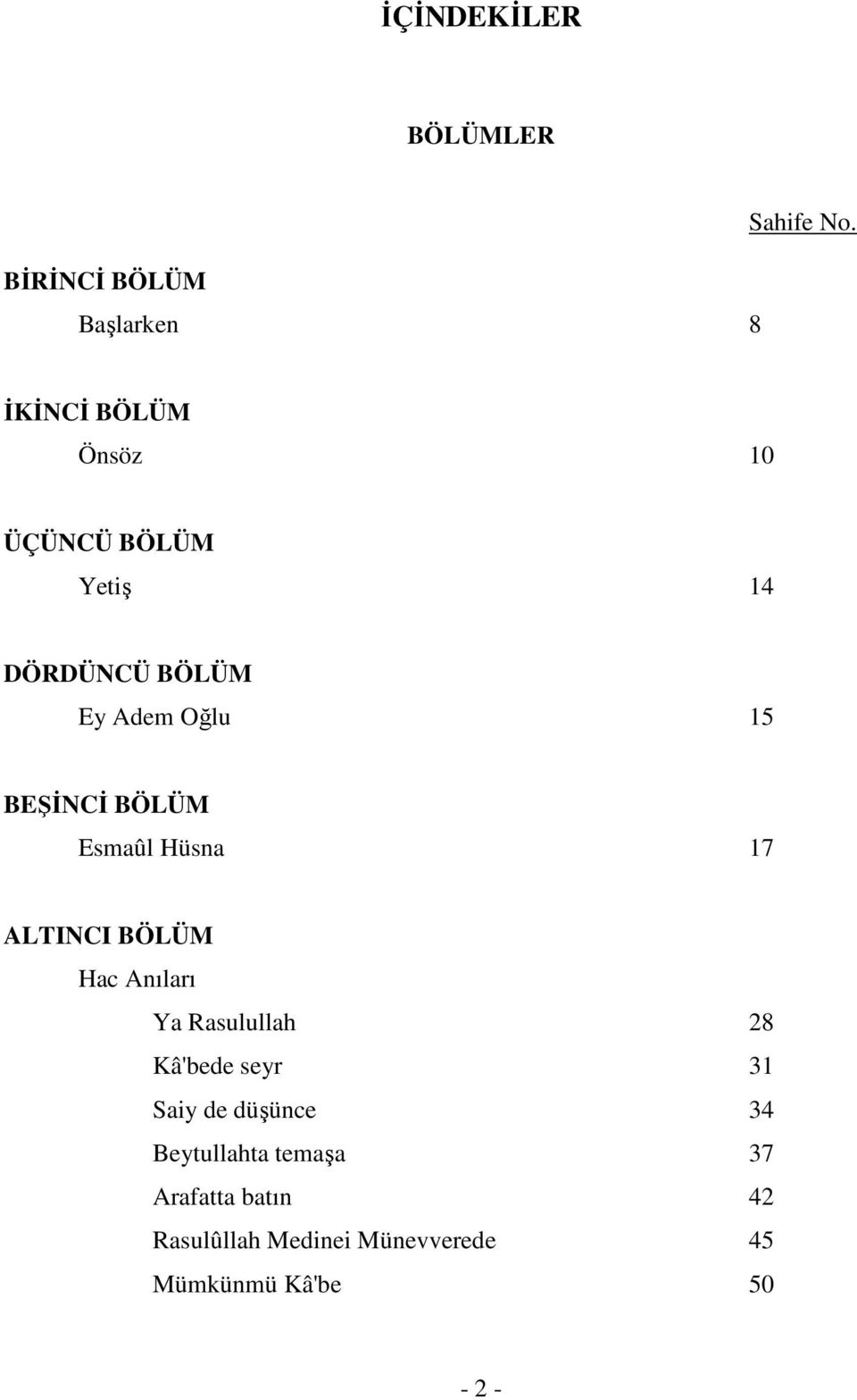 BÖLÜM Esmaûl Hüsna 17 ALTINCI BÖLÜM Hac Anıları Ya Rasulullah 28 Kâ'bede seyr 31