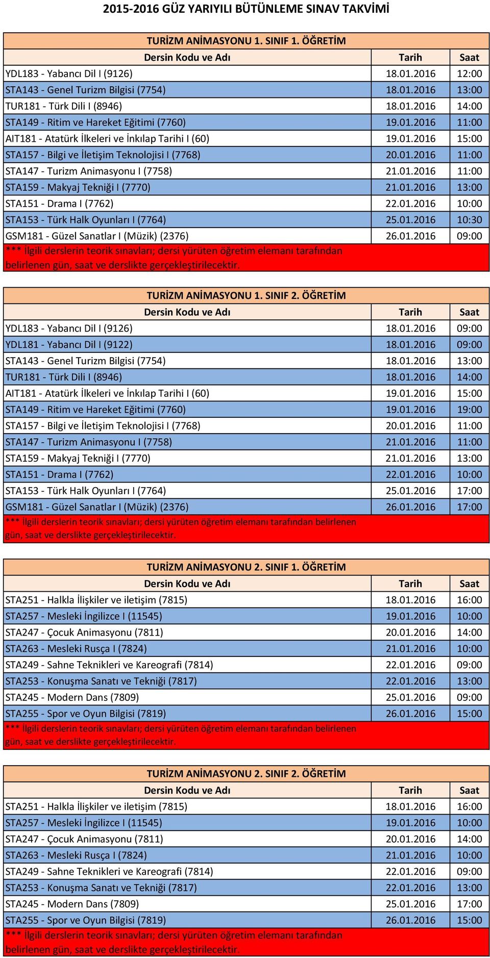 01.2016 13:00 STA151 Drama I (7762) 22.01.2016 10:00 STA153 Türk Halk Oyunları I (7764) 25.01.2016 10:30 GSM181 Güzel Sanatlar I (Müzik) (2376) 26.01.2016 09:00 *** İlgili derslerin teorik sınavları; dersi yürüten öğretim elemanı tarafından belirlenen gün, saat ve derslikte gerçekleştirilecektir.