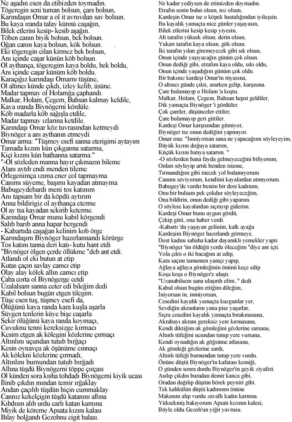Ol aythança, tögeregim kaya boldu, bek boldu, An içinde ca ar künüm köb boldu. Karaçz karnda Omarn tü üne, Ol altnc künde çkd, izley kelib, üsüne. Madar tapmay ol Holama çaphand.