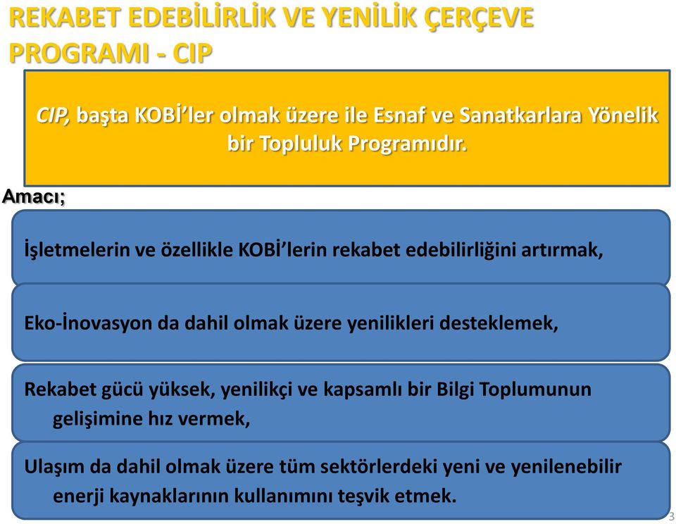 İşletmelerin ve özellikle KOBİ lerin rekabet edebilirliğini artırmak, Eko-İnovasyon da dahil olmak üzere yenilikleri