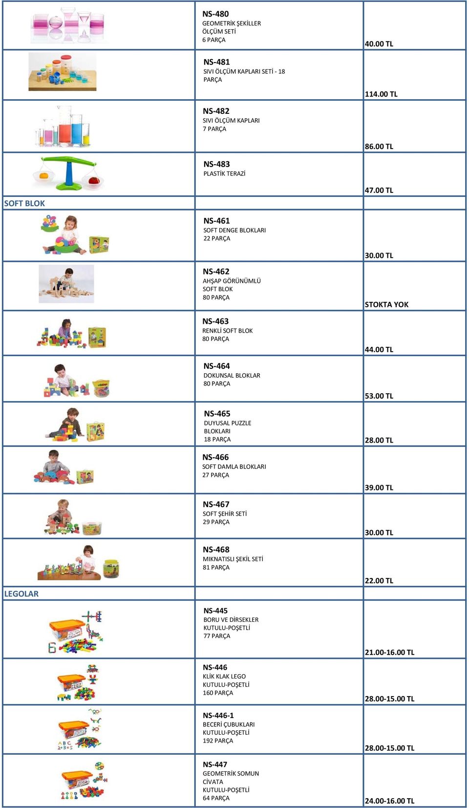 00 TL LEGOLAR NS-462 AHŞAP GÖRÜNÜMLÜ SOFT BLOK 80 PARÇA NS-463 RENKLİ SOFT BLOK 80 PARÇA NS-464 DOKUNSAL BLOKLAR 80 PARÇA NS-465 DUYUSAL PUZZLE BLOKLARI 18 PARÇA NS-466 SOFT DAMLA BLOKLARI