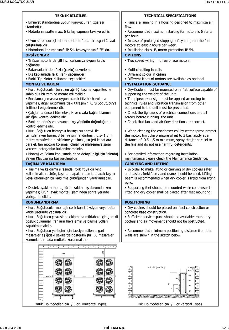 Uzun süreli duruşlarda motorlar haftada bir asgari 2 saat In case of prolonged stoppage of system, run the fan çalıştırılmalıdır. motors at least 2 hours per week.