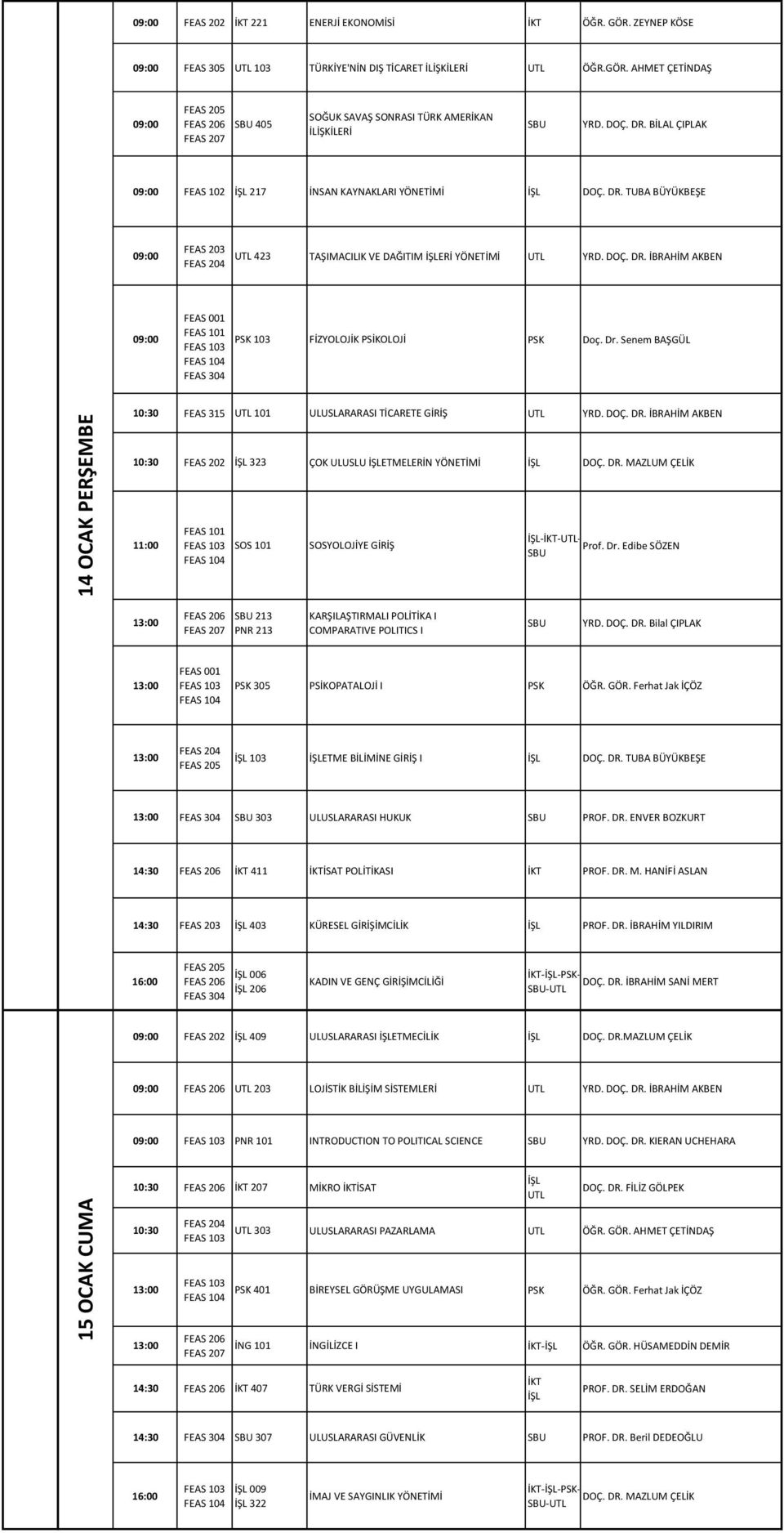 Dr. Senem BAŞGÜL FEAS 315 101 ULUSLARARASI TİCARETE GİRİŞ YRD. DOÇ. DR. İBRAHİM AKBEN İŞL 323 ÇOK ULUSLU İŞLETMELERİN YÖNETİMİ İŞL DOÇ. DR. MAZLUM ÇELİK 11:00 SOS 101 SOSYOLOJİYE GİRİŞ İŞL-İKT-- Prof.