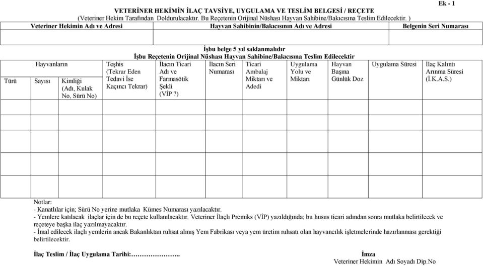 Tekrar) İşbu belge 5 yıl saklanmalıdır İşbu Reçetenin Orijinal Nüshası Hayvan Sahibine/Bakıcısına Teslim Edilecektir İlacın Ticari İlacın Seri Ticari Uygulama Adı ve Numarası Ambalaj Yolu ve