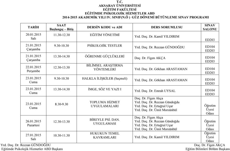 30-9.30 TOPLUMA HİZMET UYGULAMALARI BİREYLE PSİ. DAN. UYGULAMASI HUKUKUN TEMEL KAVRAMLARI Yrd. Doç. Dr. Gökhan ARASTAMAN Yrd. Doç. Dr. Emrah UYSAL Doç. Dr. Figen Akça Yrd. Doç. Dr. Rezzan Gündoğdu Yrd.