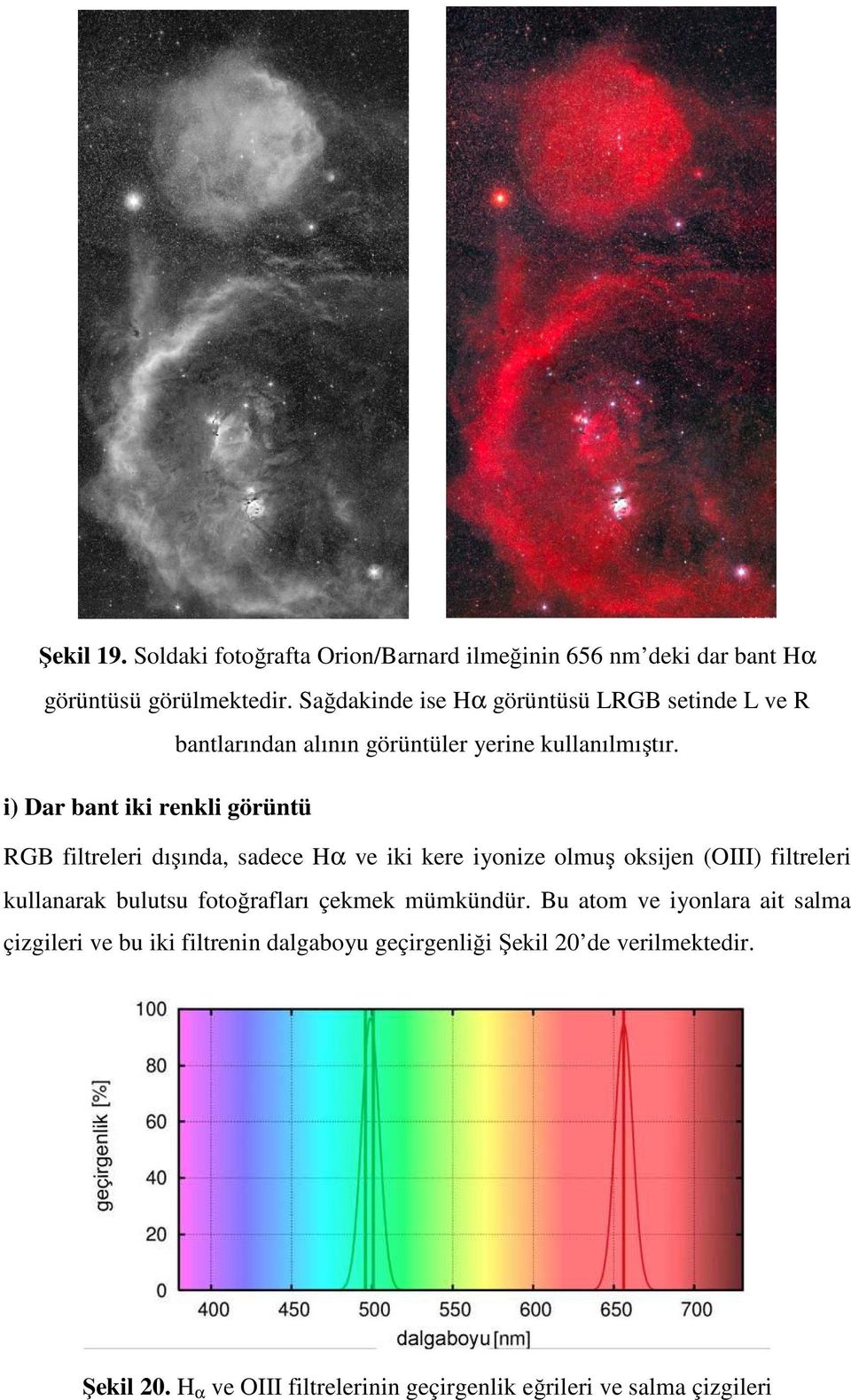 i) Dar bant iki renkli görüntü RGB filtreleri dışında, sadece Hα ve iki kere iyonize olmuş oksijen (OIII) filtreleri kullanarak bulutsu