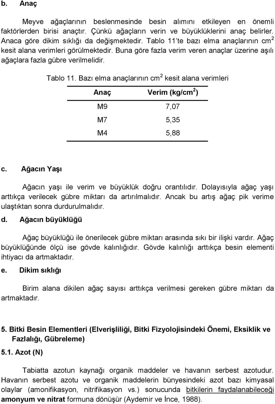 Bazı elma anaçlarının cm 2 kesit alana verimleri Anaç Verim (kg/cm 2 ) M9 7,07 M7 5,35 M4 5,88 c. Ağacın Yaşı Ağacın yaşı ile verim ve büyüklük doğru orantılıdır.