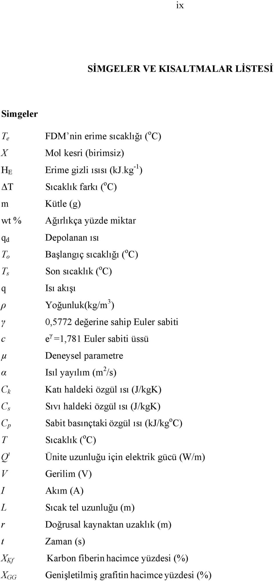 değerine sahip Euler sabiti c e γ =1,781 Euler sabiti üssü µ Deneysel parametre α Isıl yayılım (m 2 /s) C k C s Katı haldeki özgül ısı (J/kgK) Sıvı haldeki özgül ısı (J/kgK) C p Sabit